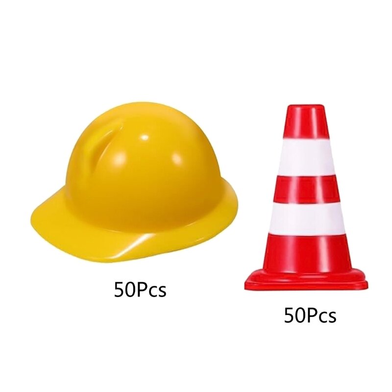 DXAB 50Pcs Mini Cones and 50 Safety Hats, 1Inch Signs Safety Cones Mini Road Signs Toy for Kids Street Signs