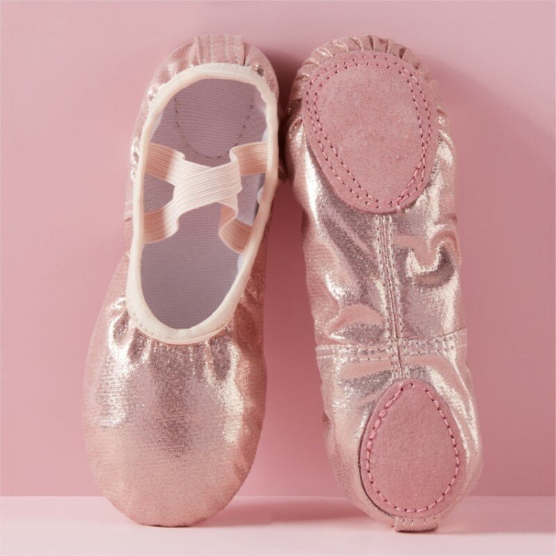 Sepatu balet wanita, sepatu balet kristal pink sol lembut serap keringat, sepatu cakar kucing dansa, sepatu latihan PU anak-anak, sandal balet anak perempuan