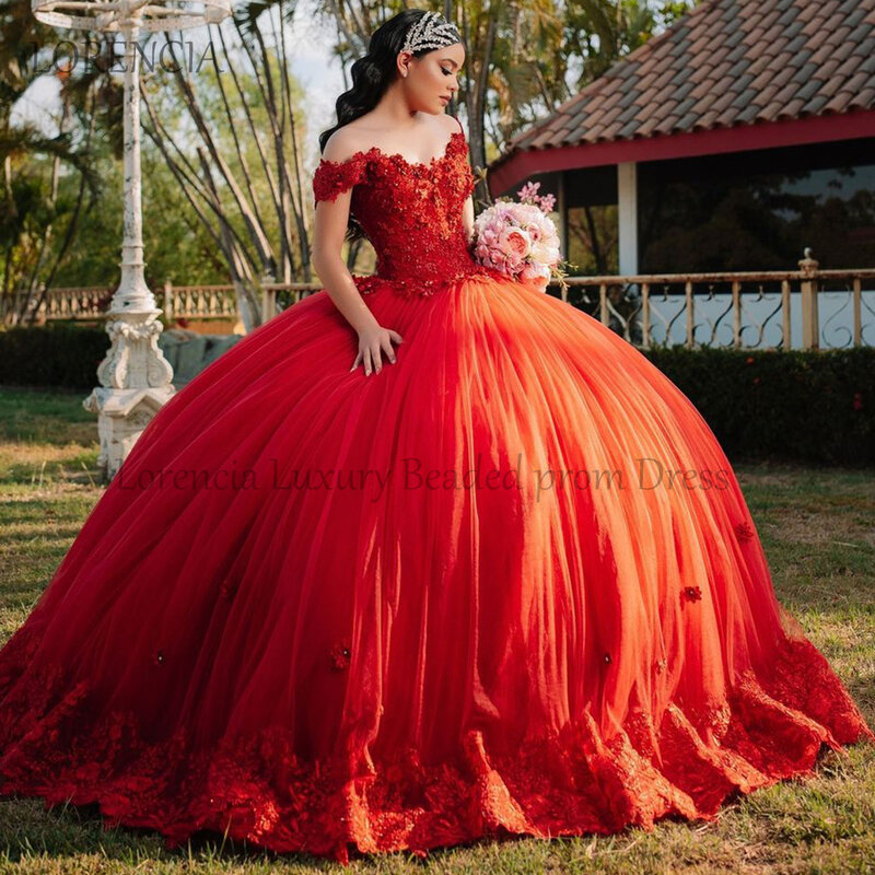 Vestido Quinceanera vermelho fora do ombro, vestido de baile, sem mangas, espartilho de renda, flores 3D, 16, 15 anos