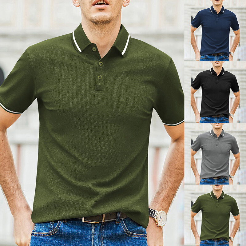 Camiseta de poliéster slim fit masculina, camisa regular, blusas, tops, blusa, botão, colarinhos, músculo, escritório, casual