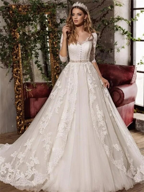Elegant Long Sleeve Bridal Dress 2024 Elegant Appliquéd Wedding Dress Romantic A-Line Floor-length Dress Vestidos De Novia