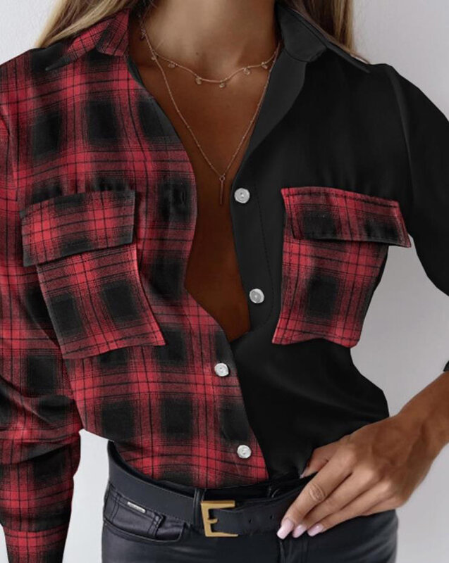 Женская рубашка с длинным рукавом, V-образным вырезом и пуговицами