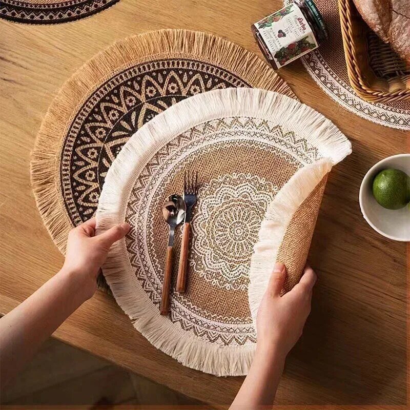 Round Placemat Table Non-Slip Jute Mats for Dining Table Decoration Accessories Kitchen Placemats Coffee Coasters Party Dinner
