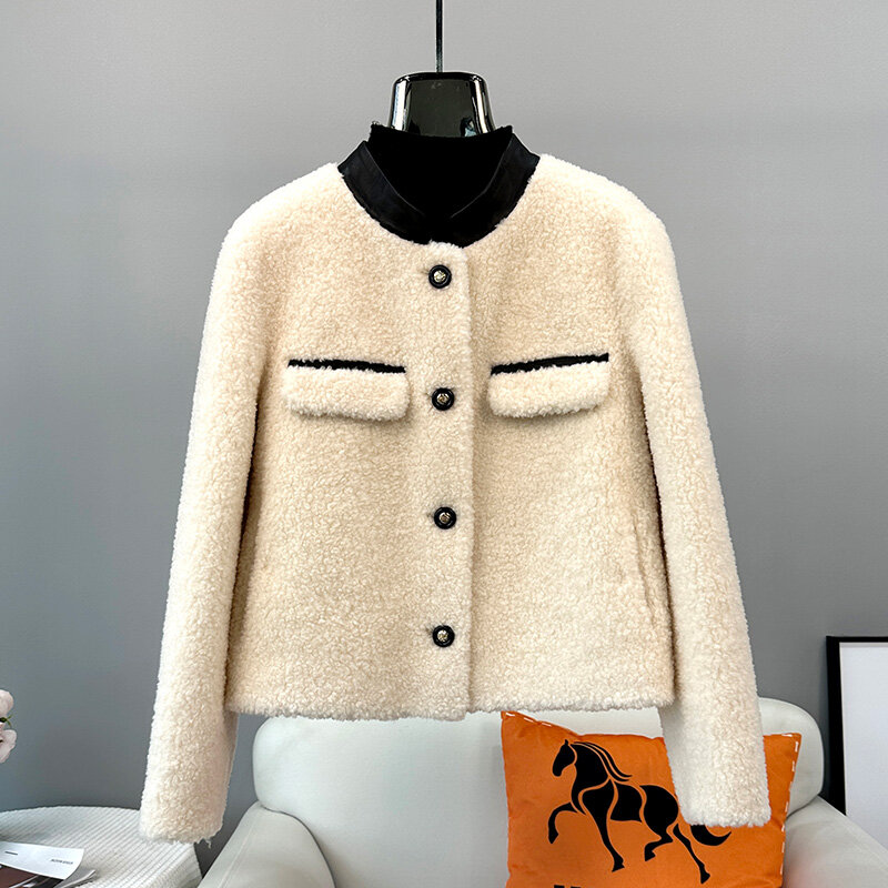 Jaket bulu domba wanita, jaket bulu domba gaya pendek wol asli tebal hangat untuk musim dingin 2023 JT3417