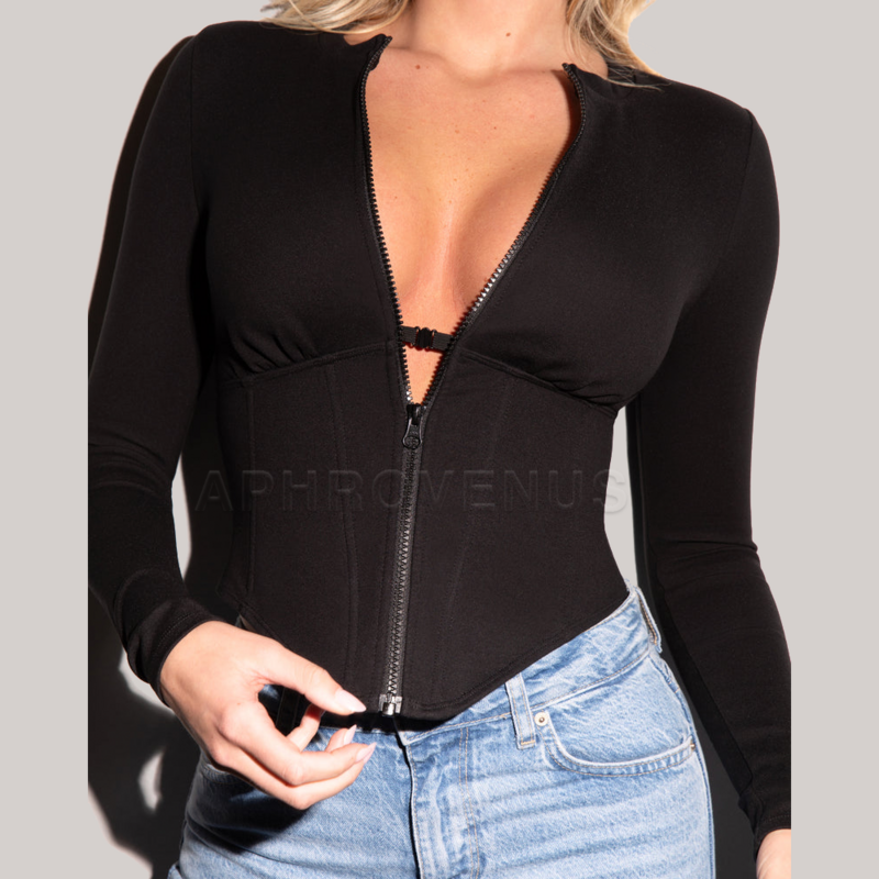 Women Sexy Long Sleeve Corsety Top Body Shaper Tummy Control Clothes Slimming Shaperwear Front Zipper