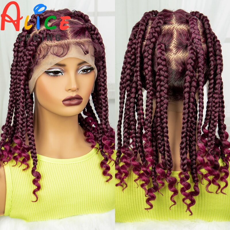14inch 99J Burgundy Braided Wigs with Curly Ends Synthetic Lace Front Braided Lace Wig for Women Knotless Box Braiding Hair Wig