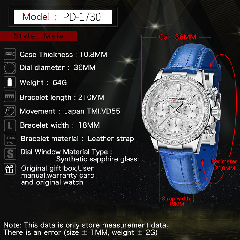 PAGANI Design-reloj de cuarzo con diamantes de imitación para mujer, cronógrafo resistente al agua de 100m, 36mm, zafiro