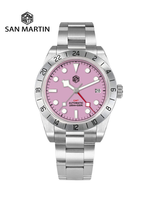 San Martin-Relógio Sapphire mecânico automático para homens, relógio clássico de negócios de luxo, Pink Dial BB GMT NH34 39mm, relógio impermeável, SN0054
