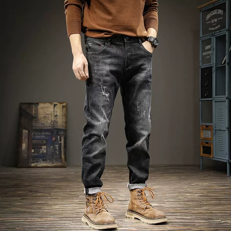 Jeans Pria Vintage Fashion Jeans Sobek Pas Badan Ketat Hitam Retro Celana Panjang Elastis Pria Celana Denim Desainer Kasual Hombre