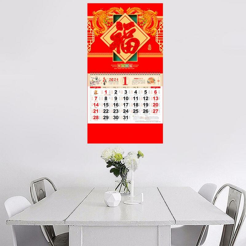 Calendrier mural traditionnel chinois avec feuille d'or, année du dragon 2024, calendrier mensuel
