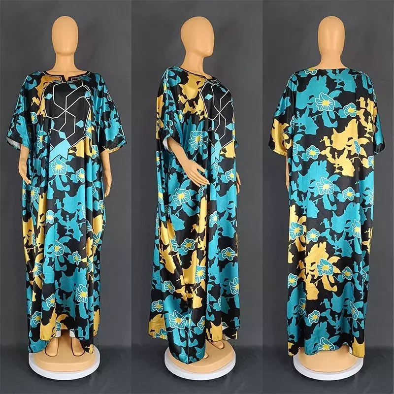 African Print Dresses for Women 2023 Traditional Nigeria Blue Yellow Caftan Loose Dress Abaya Musulman Robe Femme Africa Clothes