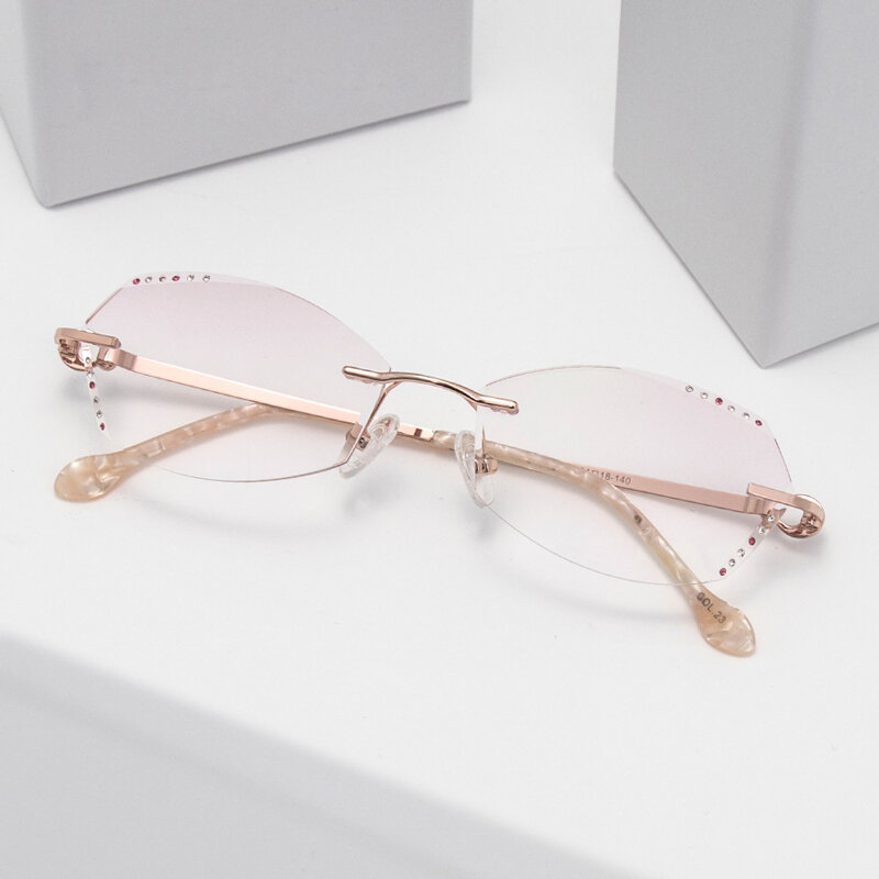 다이아몬드 컷 렌즈, 여성 안경, 다이아몬드 고급스러운 처방 안경, 근시 독서 그라디언트 핑크 컬러 안경