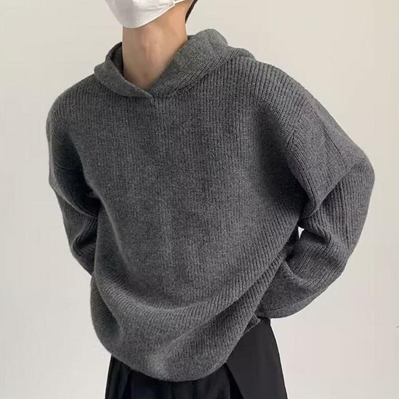 Suéter de malha com capuz aconchegante masculino, fenda lateral, pulôver casual retrô, comprimento médio, quente, inverno, estilo outono