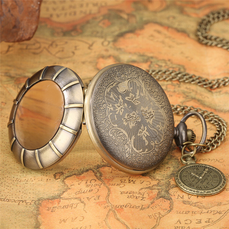 Reloj de bolsillo de bronce para hombre y mujer, cronógrafo con número romano, movimiento de cuarzo, cadena, medio cazador, colgante, brújula