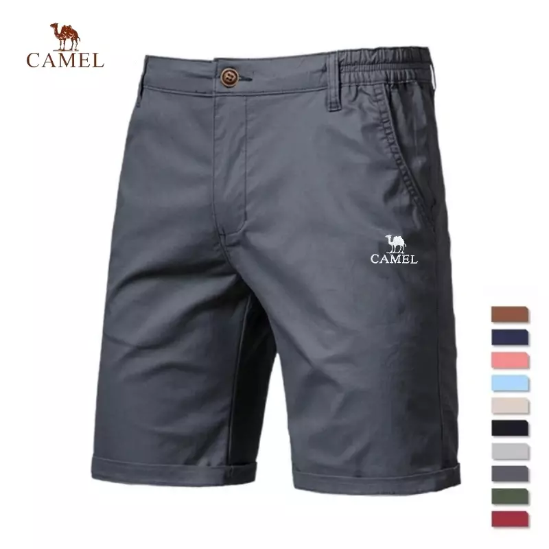 CAMEL celana pendek kasual pria, celana pendek pantai katun 100% bordir, kasual olahraga nyaman pinggang elastis musim panas