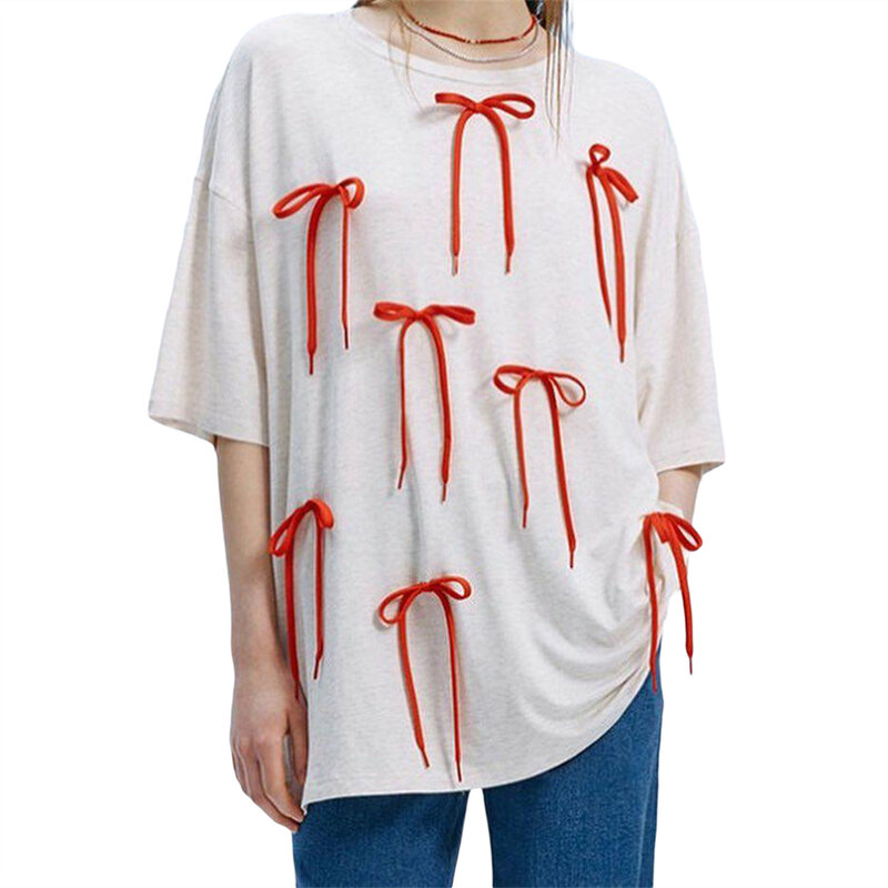 Fiocchi Decor t-shirt larghe estive allentate magliette a maniche corte girocollo da donna per Streetwear abbigliamento estetico magliette di moda