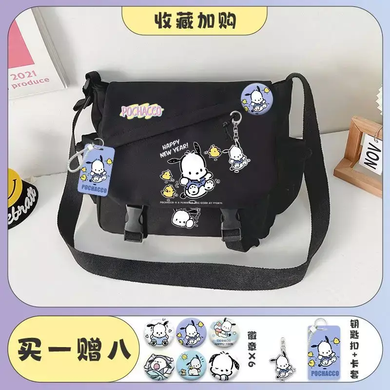 Sanrio Pacha Dog Crossbody Bag, saco de lona portátil, masculino e feminino estudantes, classe tutorial, único ombro, Novo
