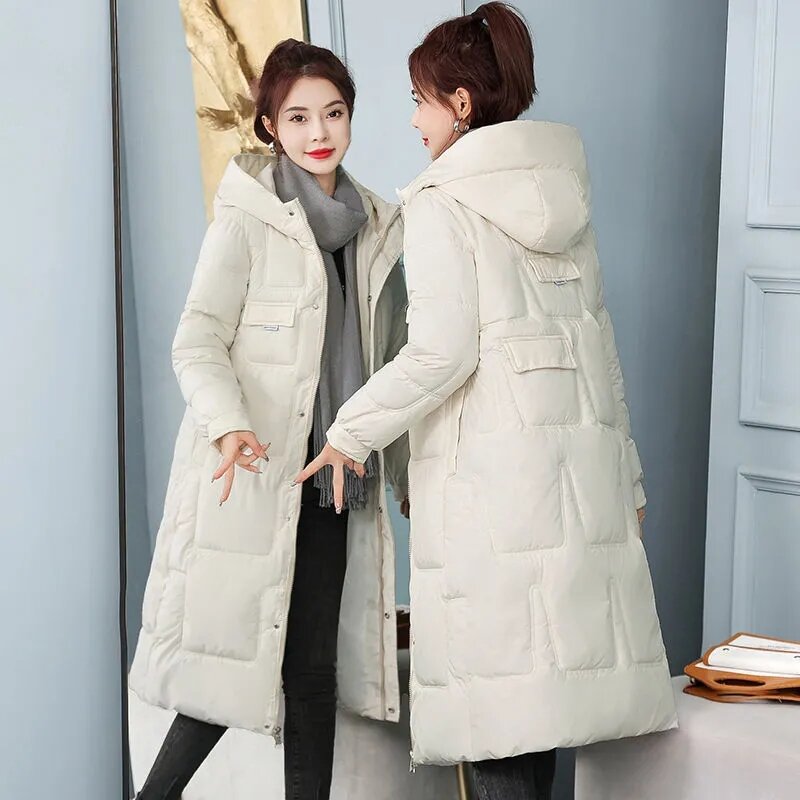 Женская зимняя стеганая куртка, толстое пальто, парка, пуховое хлопковое пальто, новинка 2023, одежда для хлеба, Корейская свободная длинная верхняя одежда