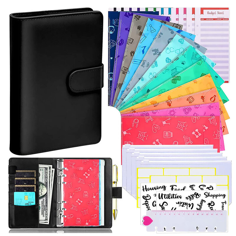 A6 PU Leder Budget Binder Notebook Cash Umschläge Brieftasche System Set mit Zipper Binder Taschen für Geld Sparen Bill Veranstalter
