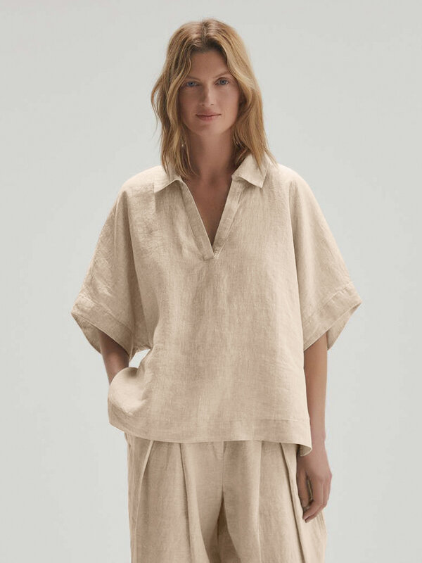 Hiloc Khaki bawełna bielizna nocna damska garnitur pół rękawa kobiety piżama Lapel V Neck bielizna nocna wiosna odzież domowa luźne spodnie zestawy 2023