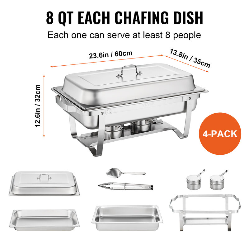 VEVOR 8QT Rectangle Chafing Dish 4/6 Packs Stainless Steel  Chafer with Full Size Pans Catering Buffet Set Food Warmer Server