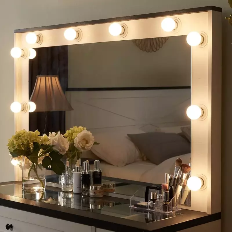 Студийный столик под раковину с голливудским макияжным зеркалом-Объемное пространство для хранения с 3 ящиками и 2 шкафами-съемные лампочки