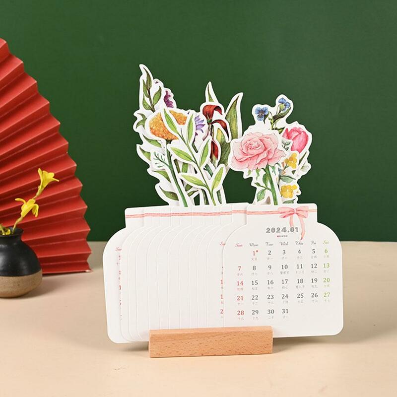1pc 2024 Holzrahmen blühende Blumen Schreibtisch Kalender niedlichen kreativen Mini-Notizblock exquisite Blumen Mädchen Desktop-Kalender Dekoration