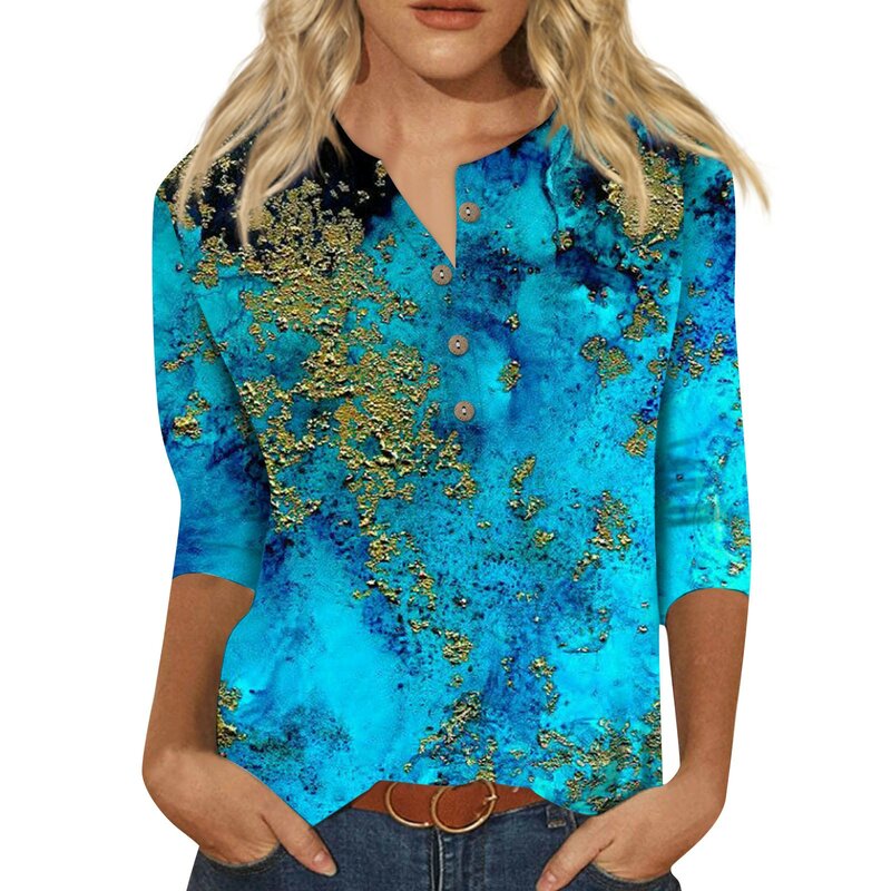Women'S Clothing Delicate Casual Floral Print Women Blouse Shirt V-Neck Button Summer 3/4 Sleeves Women Shirts Y2k Одежда