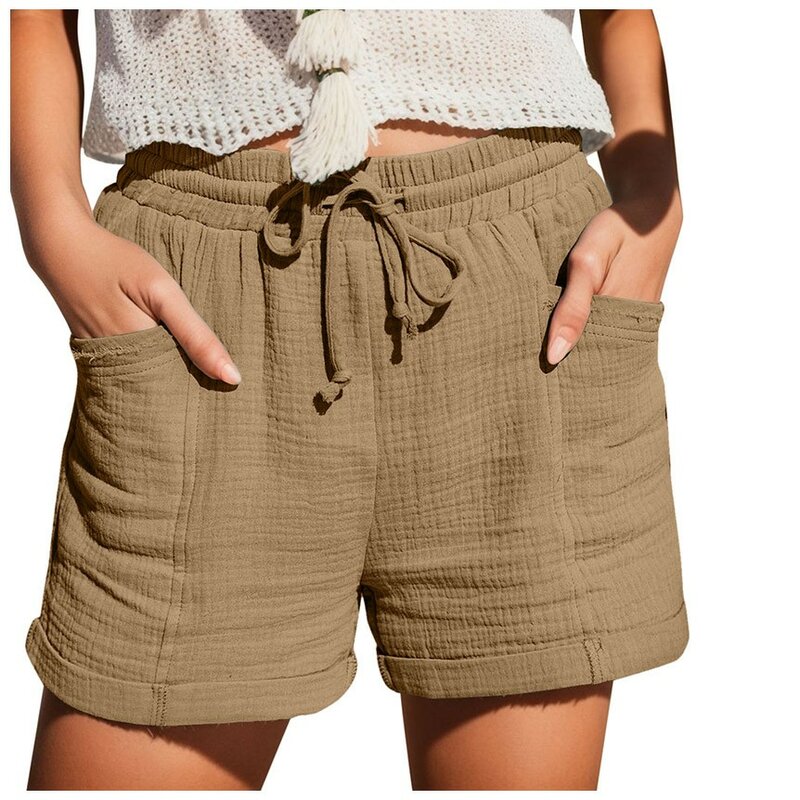 Cotton Linen Shorts Summer Women's Solid Casual Shorts High Waist Drawstring Elastic Waist Shorts Loose Comfort Sport Shorts