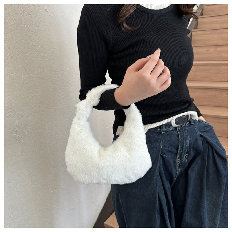 Tas bahu wanita mode baru tas tangan warna polos Tote berbulu tas tangan dompet mewah tas belanja musim gugur musim dingin musim gugur