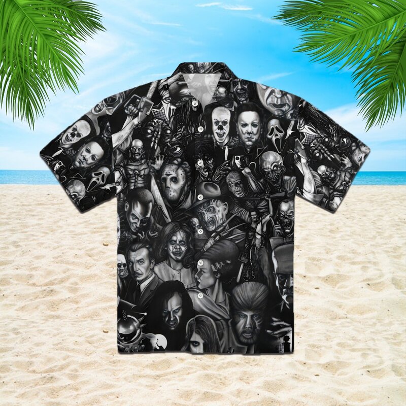 Camicie hawaiane per uomo collezione di personaggi del film Horror abbottonare camicie Casual Hawaii per le vacanze estive
