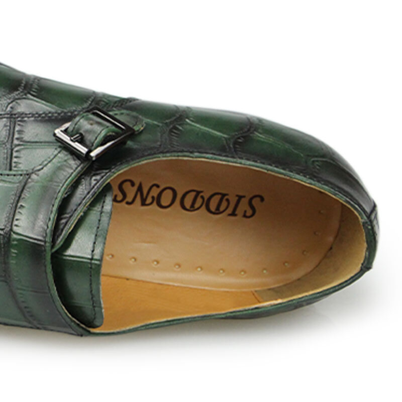 Couro genuíno masculino casual duplo monge cinta crocodilo impressão moda retro dedo apontado clássico mocassins sapatos de escritório para homens verde
