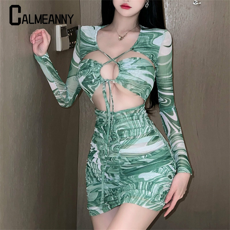 Women Dress 2023 Summer New Style Sexy Hollow Out Fold Long Sleeve Print Lace-Up Ruched Cut Out Waist Mini Bodycon Cross Dress