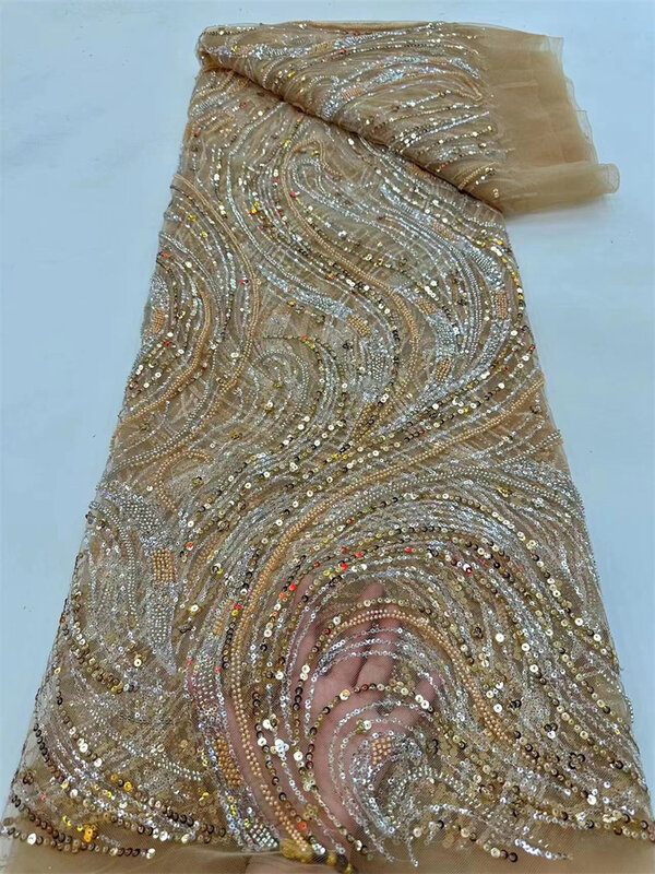 Новая африканская кружевная ткань с бусинами высокого качества 5 ярдов кружевная вышивка французские блестки Свадебная сетчатая ткань для женских платьев