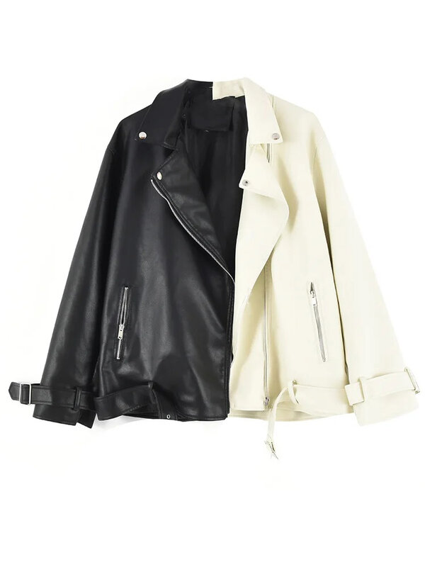 女性のための合成皮革のオートバイのジャケット,バイカーのコート,パッチワークの色,黒と白
