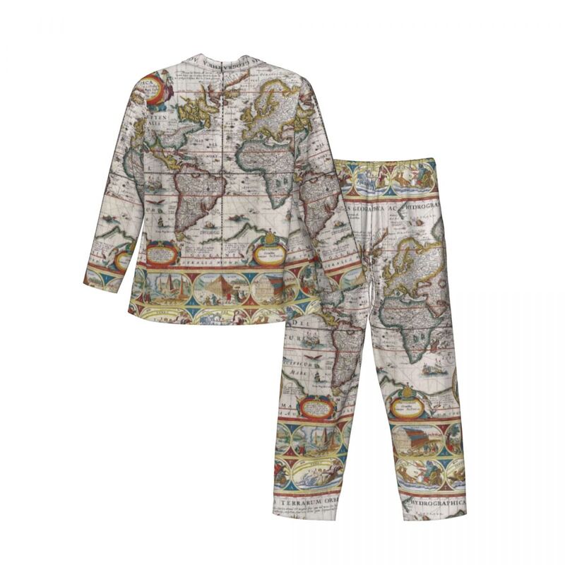 アンティーク世界地図パジャマセット、地球地図、かわいい寝室パジャマ、カップル、レトロ特大、グラフィックナイトウェアギフト、2個、春