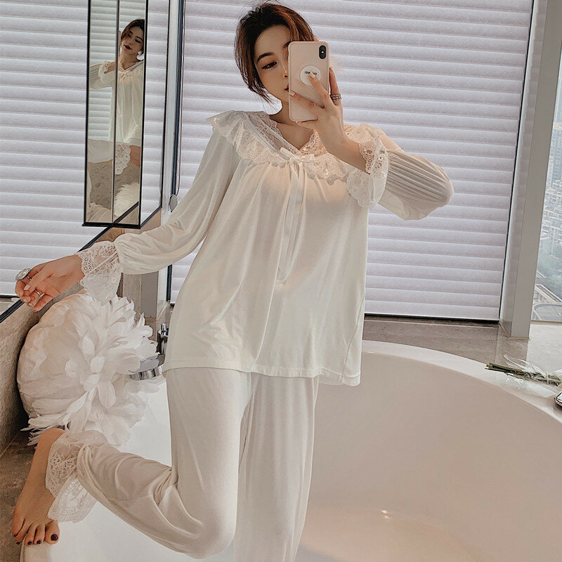 Set Kamar Tidur Pakaian Santai Wanita Lucu Indah Istana Dewi Lengan Panjang Modal Musim Semi Perempuan Renda Putri Luar Ruangan Pjs