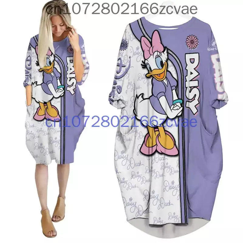 Vestido holgado de manga larga con bolsillo para mujer, vestido holgado versátil de dibujos animados de Disney, Daisy Duck
