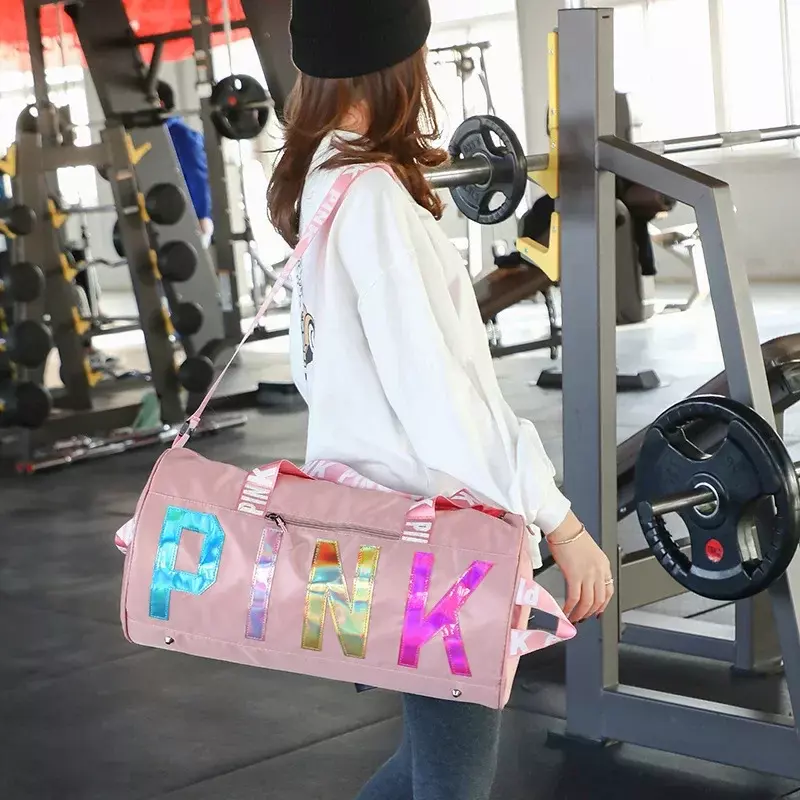 กระเป๋าดัฟเฟิลสำหรับผู้หญิงสีชมพูขนาดเดินทาง tas GYM กีฬาออกกำลังกายของขวัญสำหรับพกพา