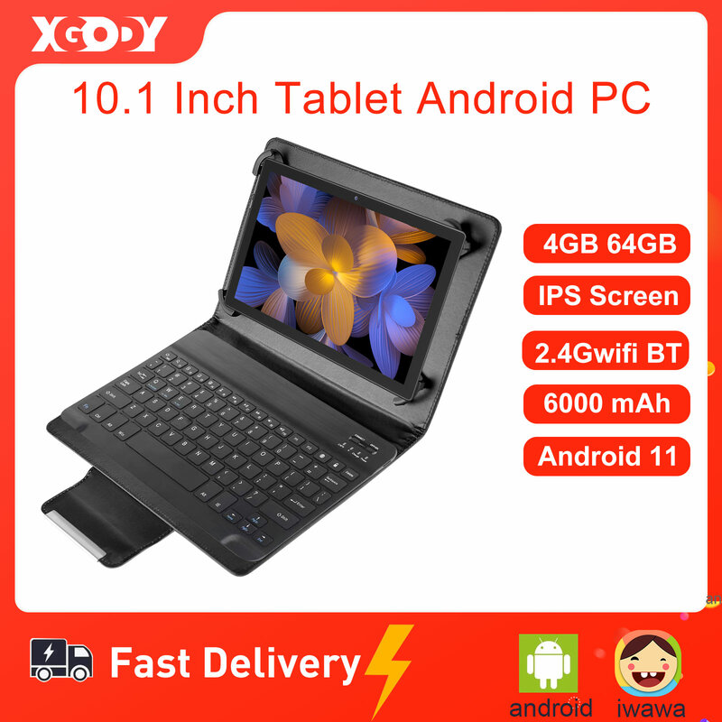 XGODY-Tablet Android para Educação, WiFi BT PC, Teclado Case, Tipo C, OTG Tablets para Adultos, 10 ", 4GB, 64GB, Teclado, Wi-Fi