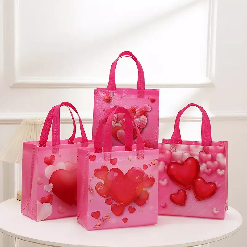 부직포 원단 핑크 사랑 발렌타인 데이 생일 핸드백, 인쇄 로고, 결혼식 쇼핑백, 선물 선물