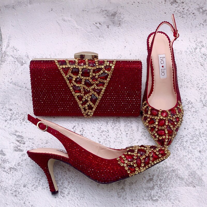 Slingbacks artesanais personalizados com sacos correspondentes para as mulheres, vinho vermelho, sapatos de cristal de Borgonha, casamento nupcial, BS1610, luxo