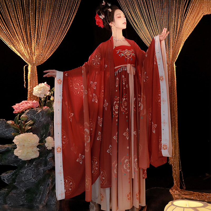 오리지널 당나라 한푸 드레스, 우아한 꽃 자수 무대 의상, 황후 정장, 중국 전통 스타일