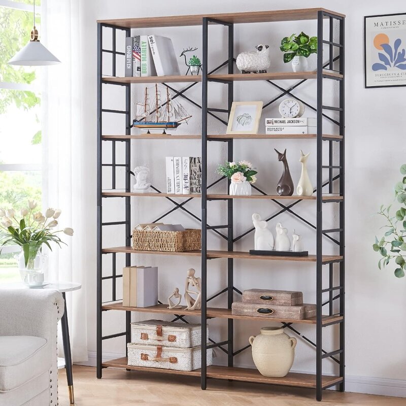 Large Bookcase, Double Width 7-layer Bookcase, Open Bookshelf,wood Style and Metal Tall Display Rack for Living Room,home Office