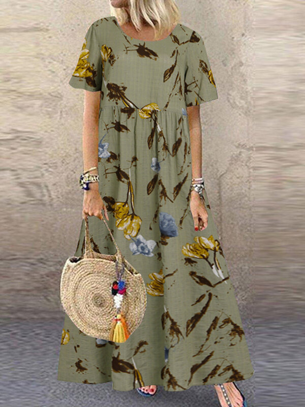 ZANZEA-Maxi vestido de verano para mujeres, túnica estampada, casual, con mangas cortas, cintura alta, de moda