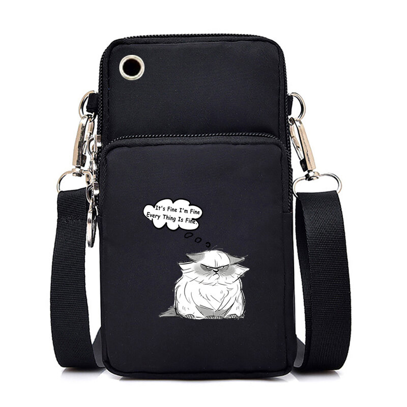 Mini Mobile Phone Bag for Women Funny Cat Oxford Bags It's Fine I'm Fine Every Thing Is Fine Hanging Neck Keys Bag Tote Handbag