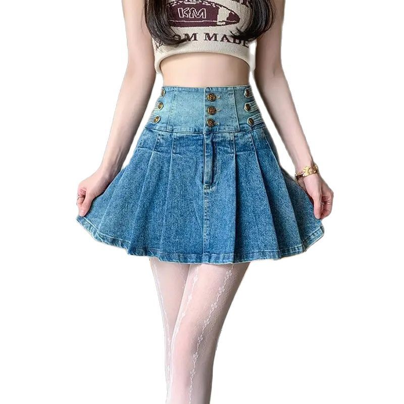 Denim Pleated Skirt, Button High Waist Versatile Slimming Fashionable And Age-Reducing Women Summer New Hot Girl A-Line Skirt