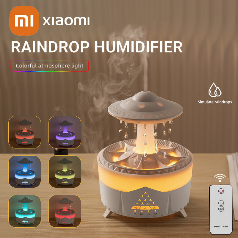 샤오미 비 구름 가습기 빗방울 버섯 가습기, 타이밍 다채로운 야간 조명 에센셜 오일 디퓨저, 홈 침실, 2 시간, 4 시간, 8 시간