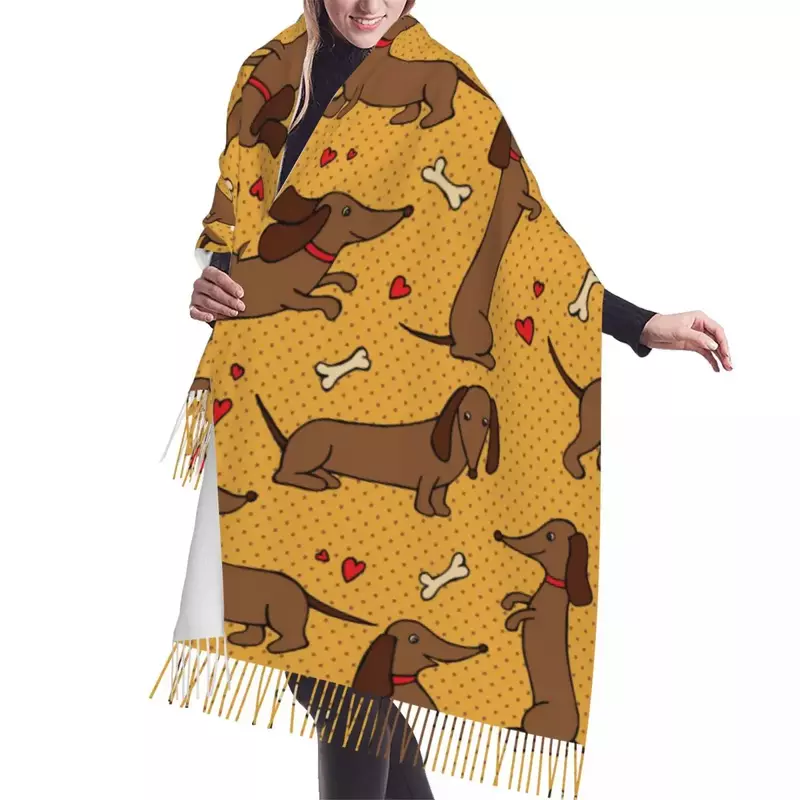 Bufanda de perro salchicha para hombre y mujer, chales de invierno, Bufanda cálida con borlas, color amarillo
