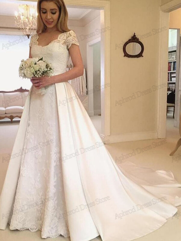 Gaun pernikahan glamor gaun pengantin Satin A-Line jubah lengan topi applique renda gaun pengantin untuk pesta Formal elegan Vestidos De Novia